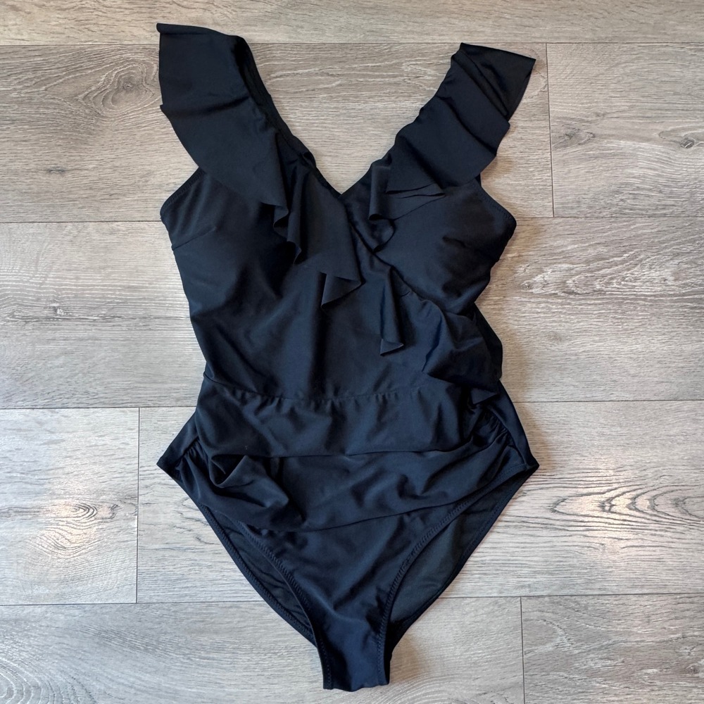 B Swim Women Black Ruffle V-Neck Ruching One Piece Swimsuit Size Large L